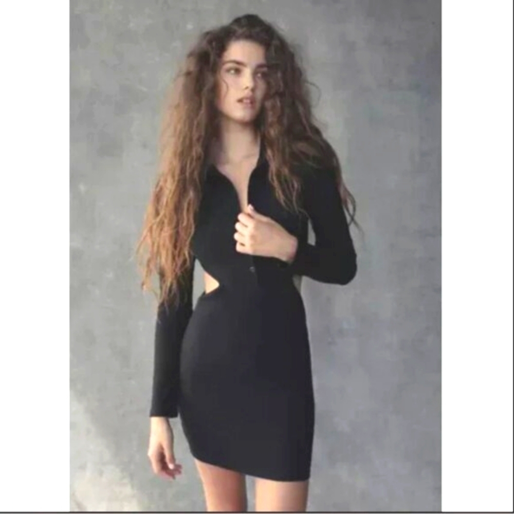 Urban Outfitters Gwen Cut Out Collared Button Up Black Mini Dress S NWT